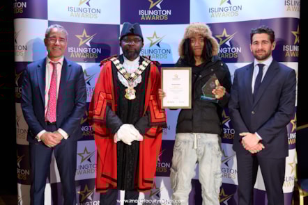 Ben Kinsella Award winner Romani Notice, alongside the Mayor and sponsors from Seng Limited and the Central District Alliance BID