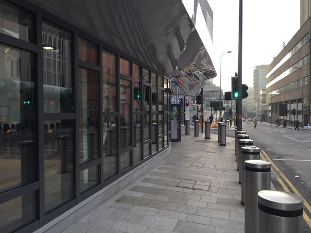The exterior of the new southern hub at Birmingham New Street, looking down Hill Street