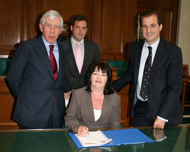 Jack Straw MP, Nick Spall from Network Rail, council leader Kate Hollern, and Jake Berry MP, show their support for rail improvements between Blackburn and Manchester