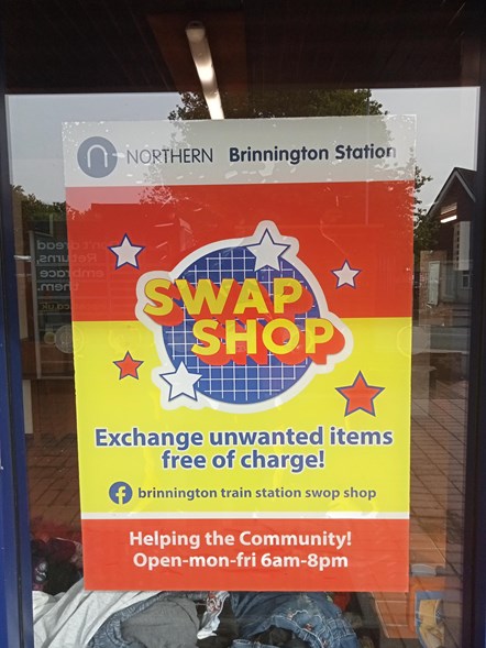 Image shows Swap Shop signage at Brinnington station