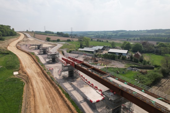 Aerial view of Wendover Dean Viaduct deck push looking south May 2024: Aerial view of Wendover Dean Viaduct deck push looking south May 2024