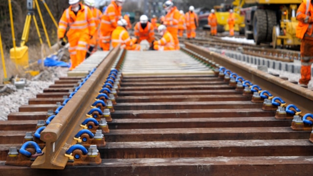 Network Rail upgrades to affect passengers between Moreton and Worcester: Library image of new track being installed during engineering work