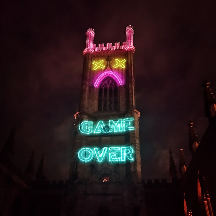 Light Night Leeds: LUX as it appeared at Liverpool Light Night in 2021 when it was projected onto St Luke's Bombed Out Church. Photo credit Chris Howard.