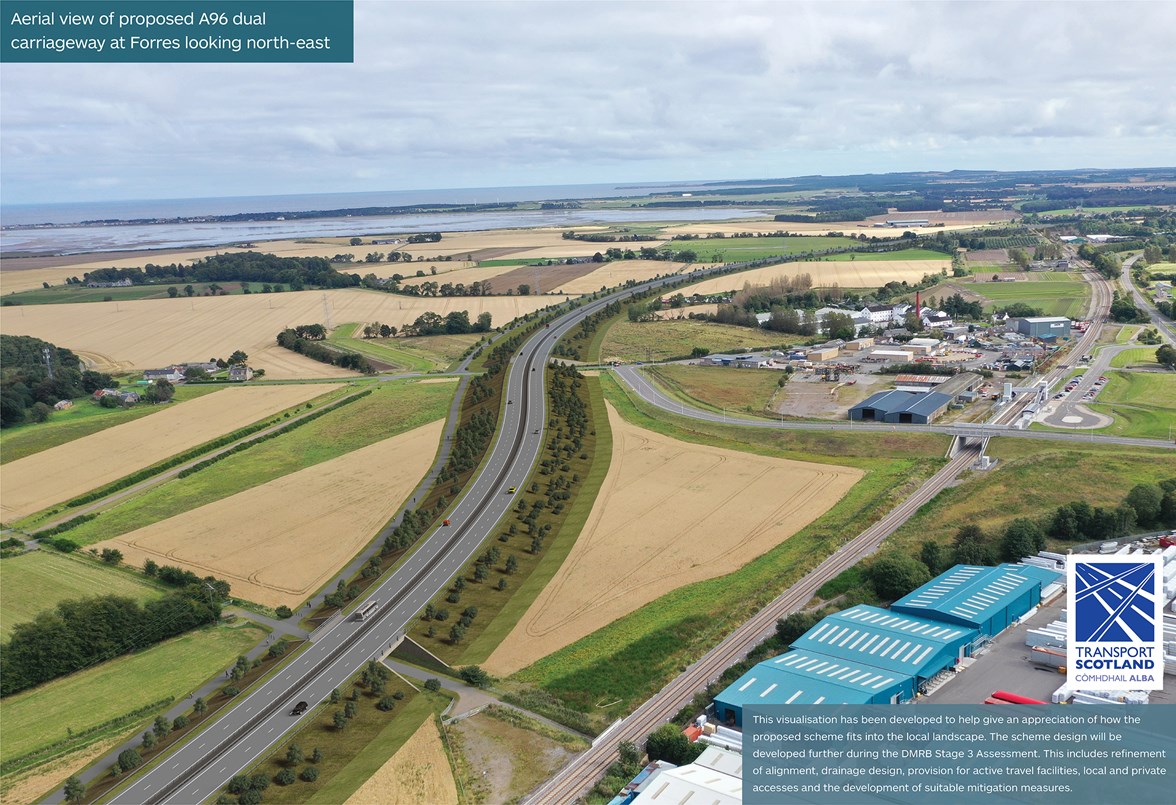 A96 - Hardmuir to Fochabers - aerial of proposed A96 dual carriageway at Forres looking north-east