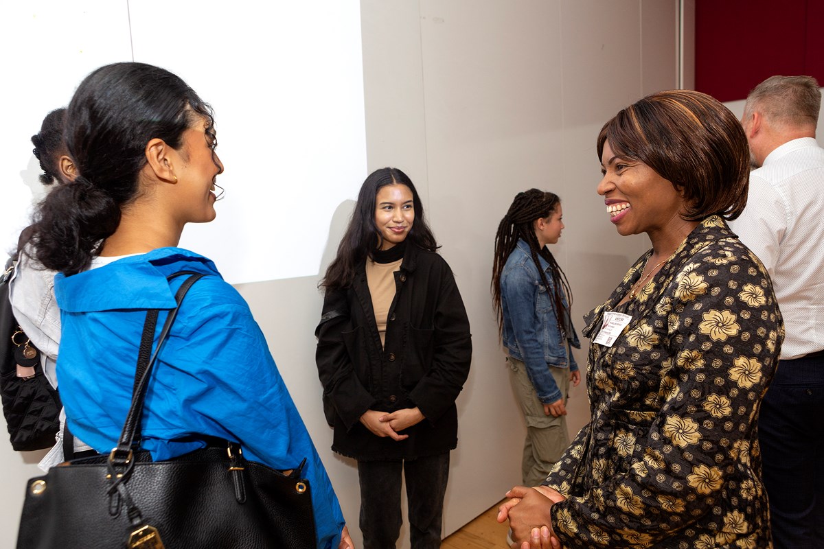 Cllr Michelline Ngongo congratulates students at Elizabeth Garrett Anderson School on GCSE results day