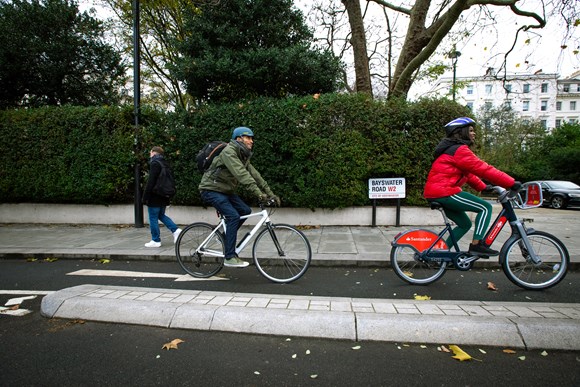 TfL Press Release - TfL publishes new draft Business Plan to support London’s recovery from the pandemic and progress towards building a better, greener and fairer city for all: TfL Image - People walking and cycling in Bayswater