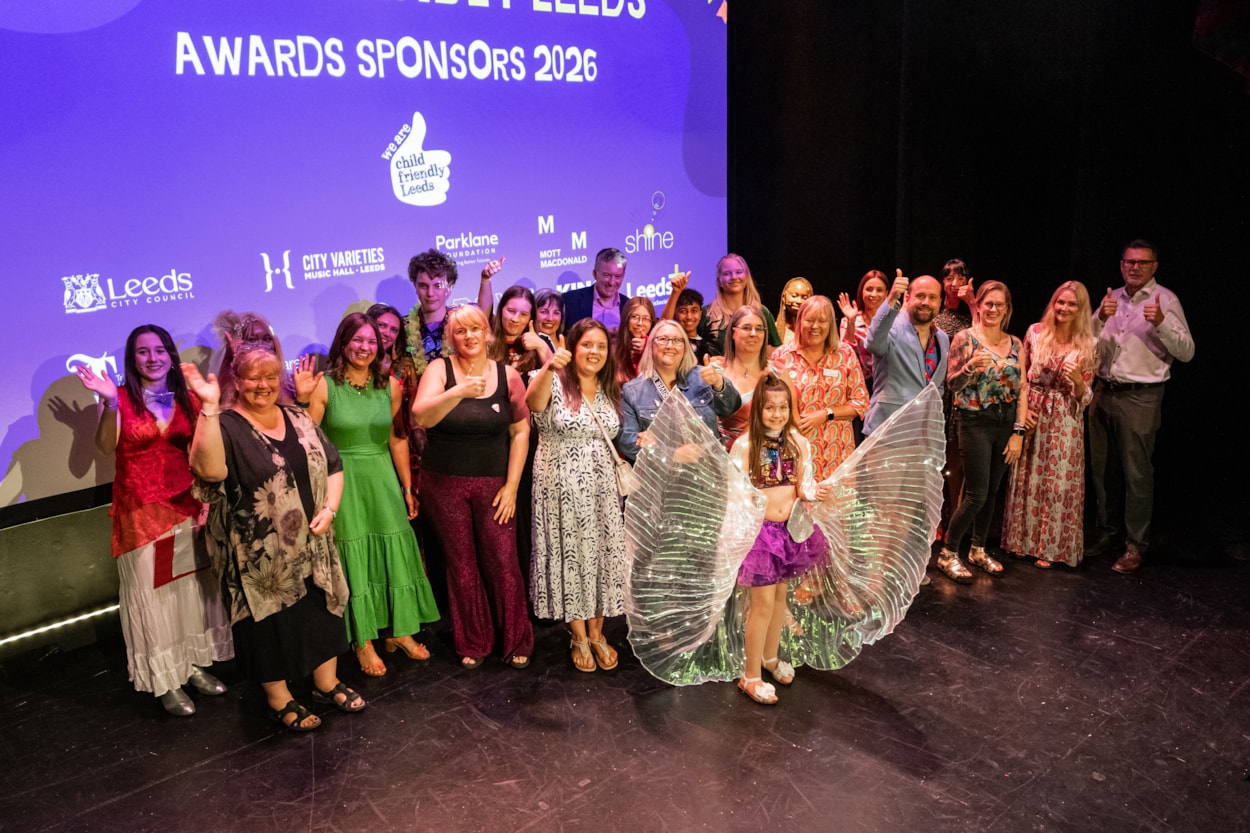 Highly Commended group photo - Child Friendly Leeds Awards: Group photo of everyone who was highly commended for an award at the Child Friendly Leeds Awards 2026.
