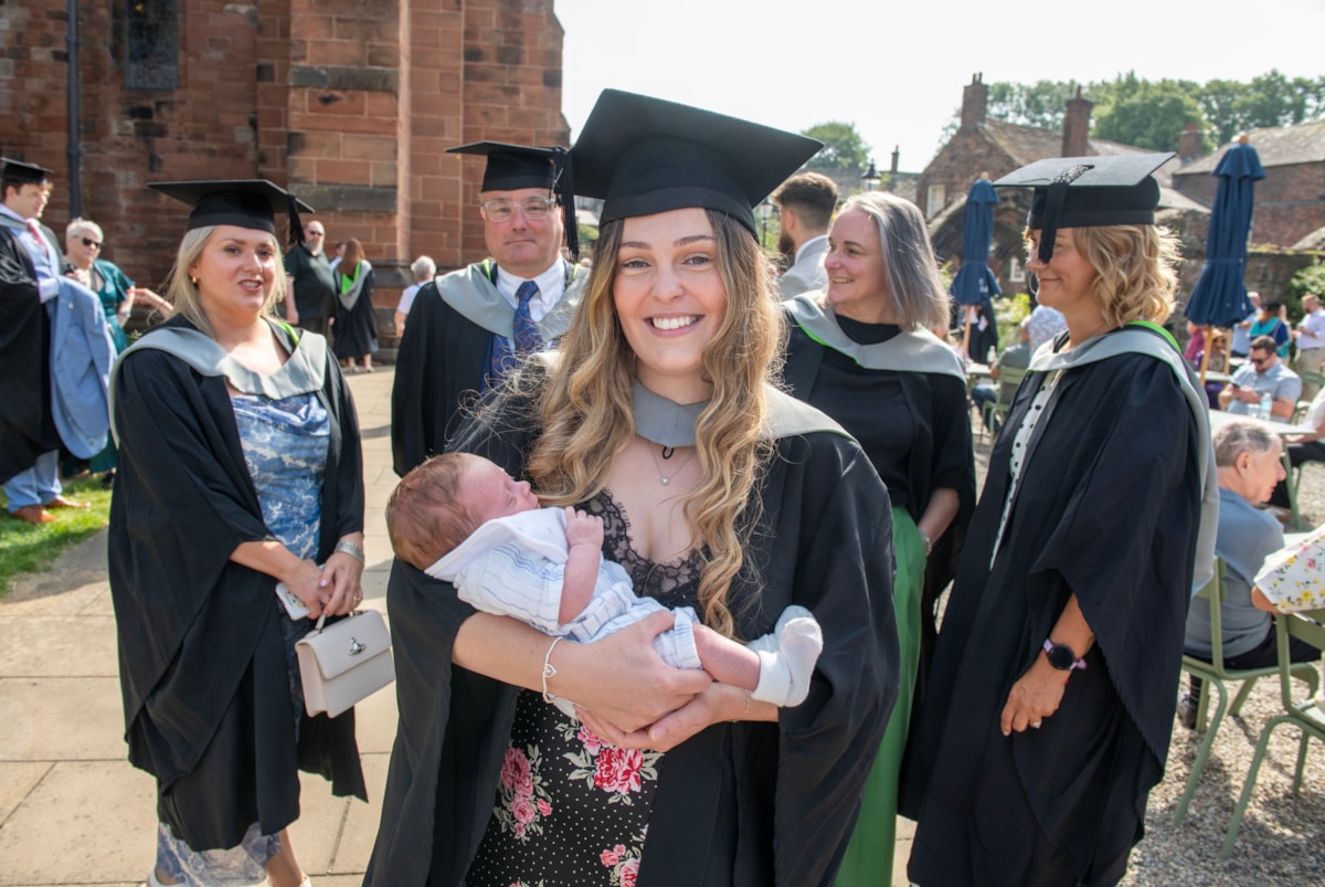 Shannon Holmes (centre) with baby Finley, alongside course-mates (L-R) Georgina Keighley-King, James Peacock, Nina Albertelli and Sharon Middlemore
