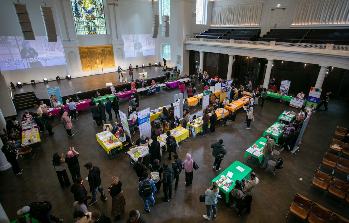 A view from above of the interior of Hackney Church (St John at Hackney) during the Preparing for Adulthood event in October 2025