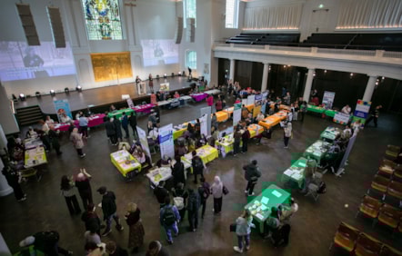 A view from above of the interior of Hackney Church (St John at Hackney) during the Preparing for Adulthood event in October 2025