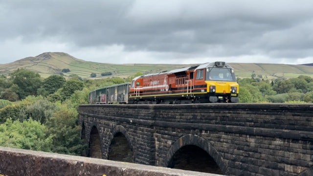 Shot of freight train on neighbouring viaduct during Chapel Milton work Sept 2025-2: Shot of freight train on neighbouring viaduct during Chapel Milton work Sept 2025-2