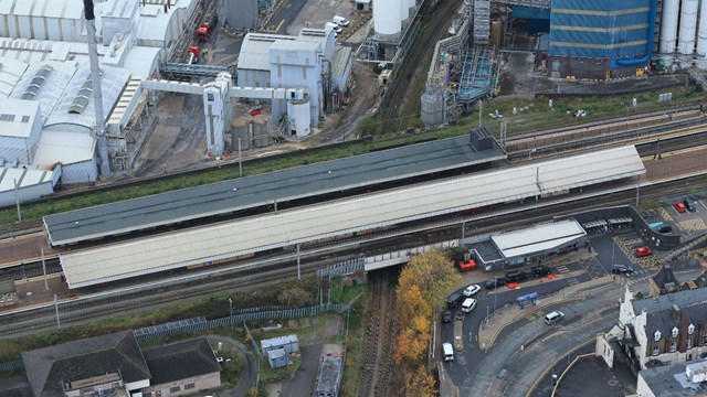 Up, up and away: Easter lift for Warrington Bank Quay bridges: Warrington Bank Quay station aerial picture