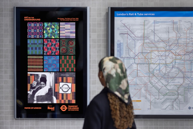 Rita Keegan, ‘The Fabric of Time’, 2024 – Pocket Tube map poster 1: Commissioned by Art on the Underground. Photo: Benedict Johnson