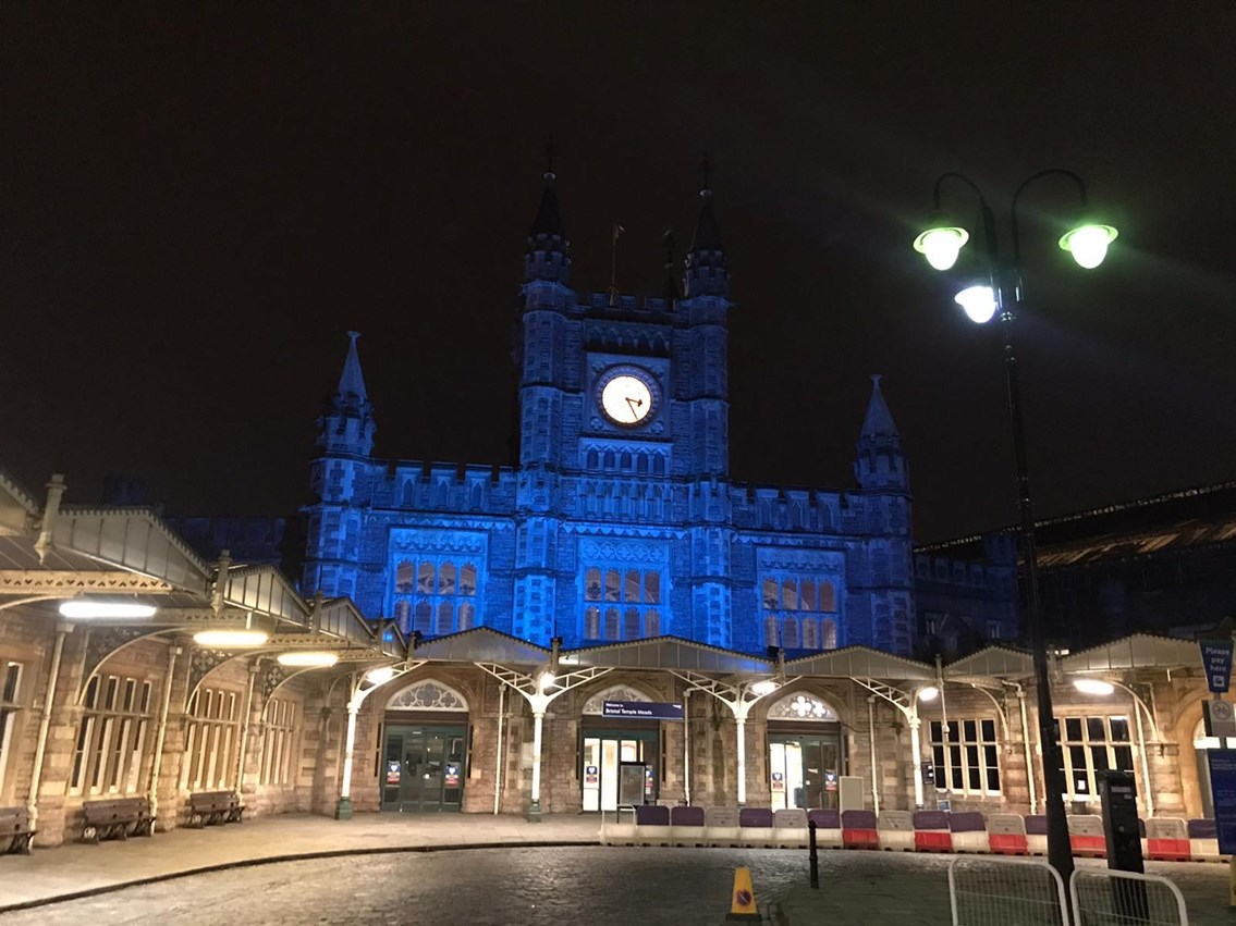 Bristol Temple Meads goes blue for the NHS: Bristol Temple Meads station