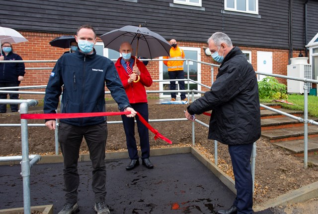 Demelzacut: Network Rail's Patrick Gallagher cuts the ribbon to open the new ramp at Demelza Kent, with Balfour Beatty's Chris Ottley