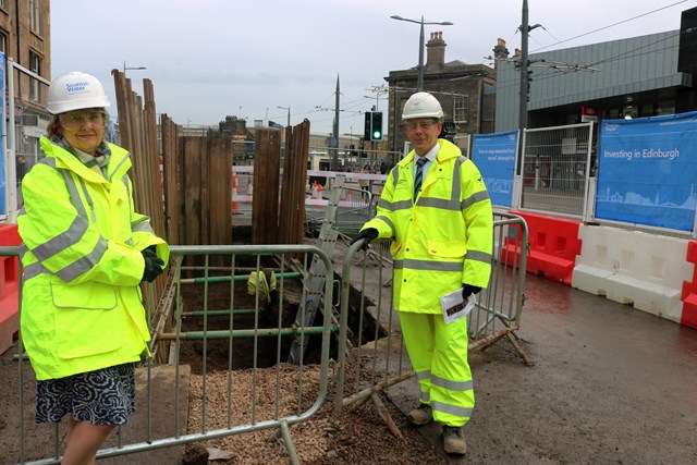 HaymarketRoseannaCunningham1: Cabinet Secretary for the Environment Roseanna Cunningham meeting COO of Scottish Water’s alliance partner Amey Black and Veatch (aBV) Steve Canny, at the £2.5 million sewer replacement project on Edinburgh's Haymarket Terrace.
