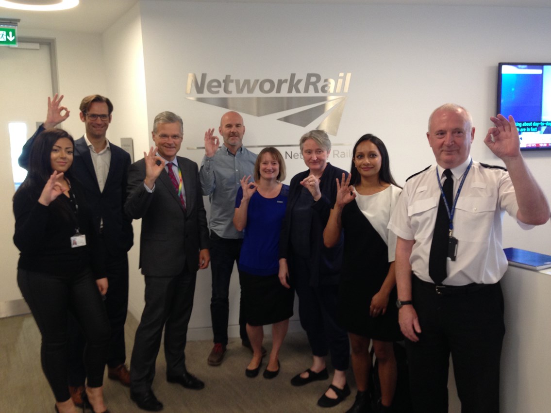 World Suicide Prevention Day roundtable: Organisations spearheading suicide prevention met at Network Rail’s London Euston headquarters to challenge the taboo that exists, particularly amongst men, of talking about suicide.
From left to right; Neena Naylor – train dispatcher, Network Rail; Jonathon Marron – director of mental health, Department for Health; Mark Carne – chief executive, Network Rail, and deputy chair of the Rail Delivery Group (RDG); Brian Dow – director of Rethink Mental Illness, and co-chair of National Suicide Prevention Alliance (NSPA); Jacqui Morrissey – head of external affairs, Samaritans and co-chair of National Suicide Prevention Alliance (NSPA); Jane Powell – chief executive officer, Campaign Against Living Miserably (CALM); Poona Bell – executive editor, Huffington Post; Ken Young, chief inspector, British Transport Police