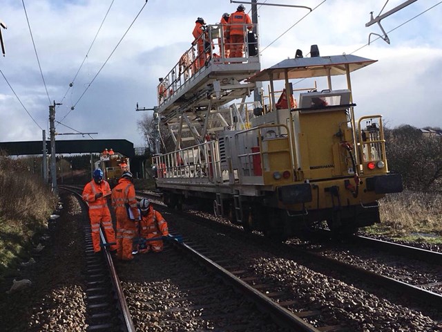 A wiring train on the Manchester-Preston railway upgrade