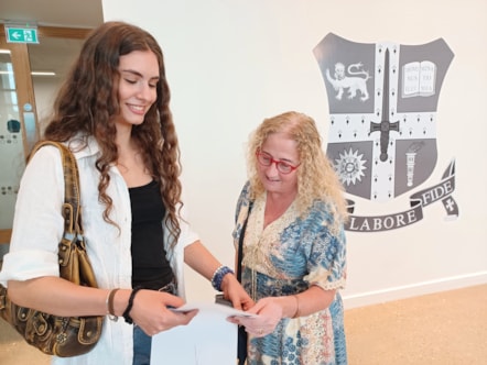 Central Foundation Boys' School student Lara celebrates her A Level results with Islington Council Leader Cllr Una O'Halloran
