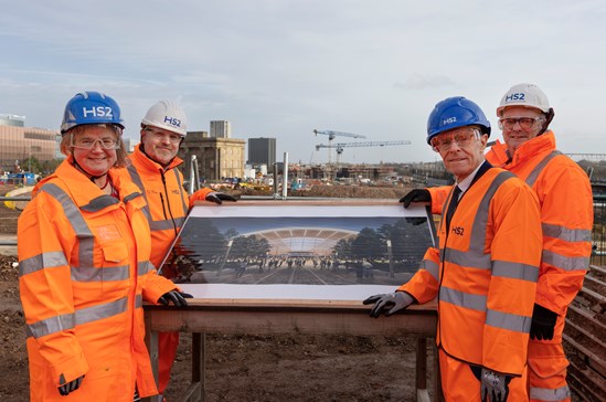 The start of construction event at HS2's Curzon Street Station: L-R Liz Clements (Transport Member, Birmingham City Council, Dave Lock (HS2 Project Client), Andy Street (West Midlands Mayor), Martyn Woodhouse (MDJV Project Director)