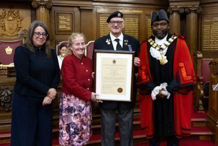 David John Dade receives the Freedom of the Borough with, from left, Islington's Chief Executive Victoria Lawson, Council Leader Cllr Una O'Halloran and Mayor of Islington Cllr Jason Jackson.