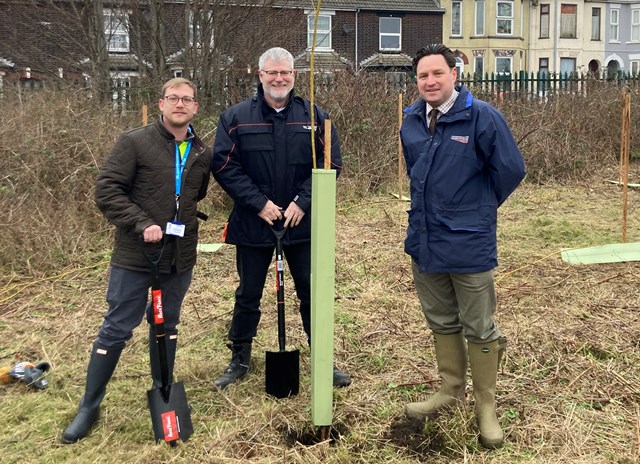 Planting the willows. Councillor Ryan Harvey (left) with Network Rail engineers Stewart Cowan (centre) and Liam Allen (right)