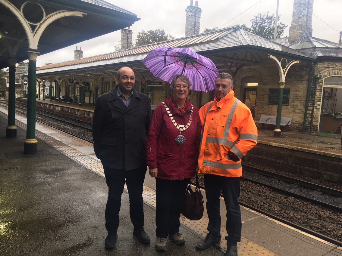 Network Rail completes major upgrade to roof at Knaresborough station: L to R Mark Bloor, Route Asset Manager for Network Rail, Cllr Christine Willoughby, Mayor of Knaresborough, Mark Osborne, Site Manager for Works Delivery for Network Rail