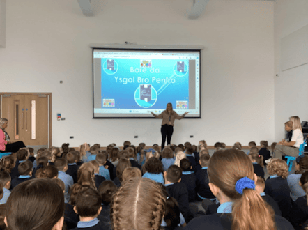 Ysgol Bro Penfro pupils being welcomed during their first morning at the new school.