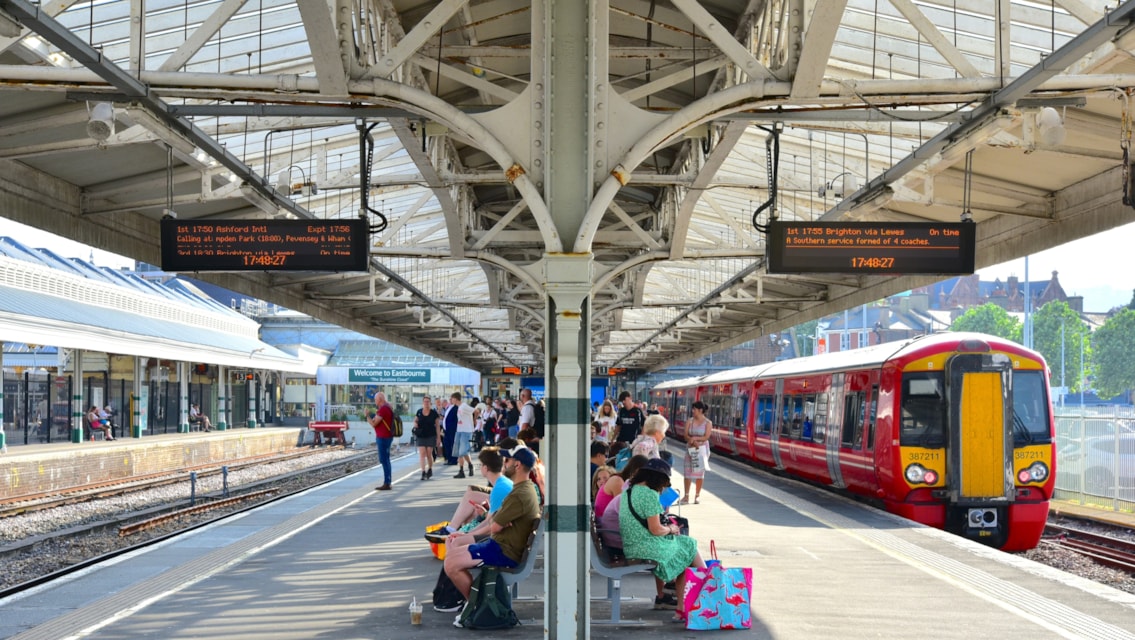 Customers asked to check before they travel if travelling by train this early May bank holiday as engineering work takes place to deliver a better railway across the south east: Eastbourne station platforms