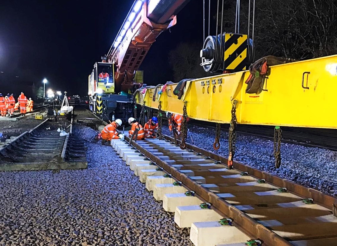 Library image of Network Rail engineers positioning section of railway track landscape