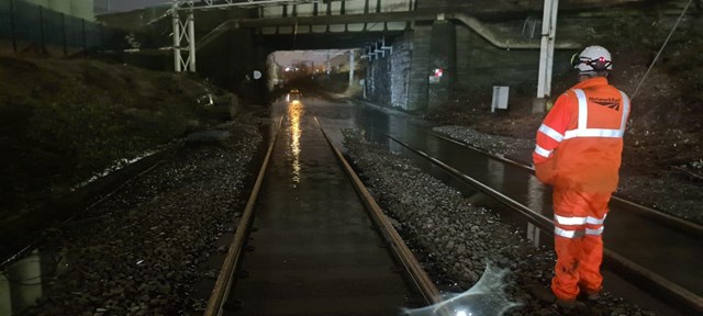 Network Rail engineers repair flooded tracks near Rotherham (Photo taken 22 February 2022)