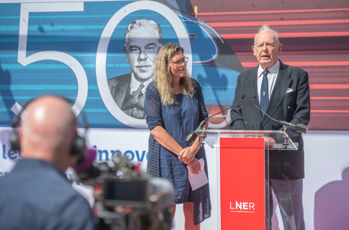 Ben Godfrey and Nina Britten speaking at the celebration of Sir Nigel Gresley's 150 anniversary at Doncaster Station