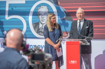Ben Godfrey and Nina Britten speaking at the celebration of Sir Nigel Gresley's 150 anniversary at Doncaster Station