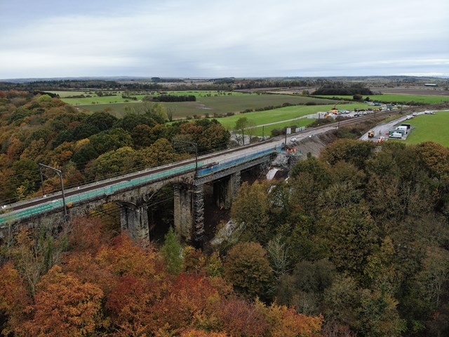 Normal train service resumes as Network Rail completes repair work to Plessey Viaduct: Wide shot of Plessey Viaduct as work nears completion, Network Rail (1)