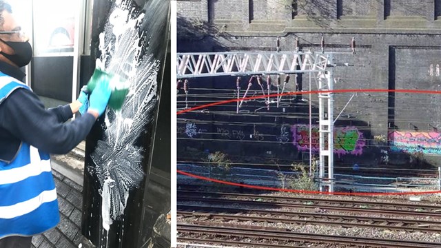 Graffiti hotspots targeted in major railway clean-up at London Euston: Graffiti cleanup at London Euston composite
