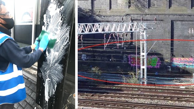 Graffiti cleanup at London Euston composite