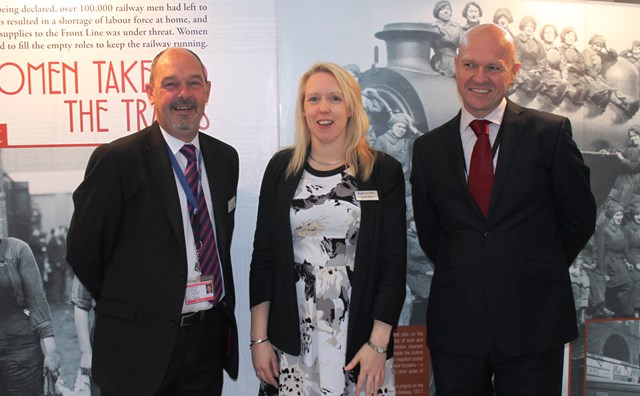 Andy McNeil, Carolyn Watson and Warrick Dent at the WW1 exhibition in Leeds station