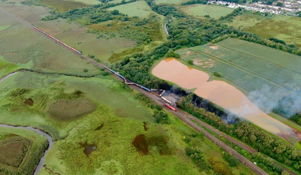 ‘Environmental disaster averted’ as railway reopens at site of diesel freight derailment: Llangennech derailment Credit: Mighty High Aerials