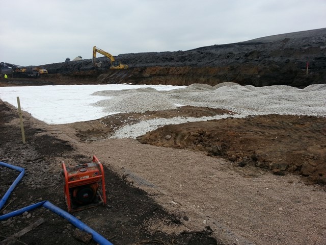 Geotextile application 11.6.13: repair work following spoil heap slip at Hatfield colliery damaging the railway line