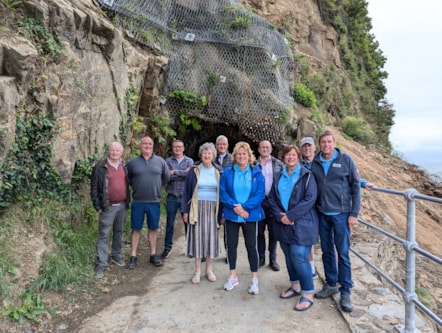 Group stood outside reopened Dramway at Wisemans Bridge