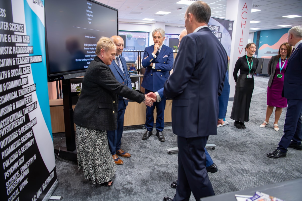 King Charles III visits The Bridge in Portland Walk, Barrow, as part of the title Royal Port of Barrow being bestowed. Pictured in background, right, Mechanical Engineering student Scarlett Southcott and Vice Chancellor Professor Julie Mennell DL.
CREDIT: BAE Systems
