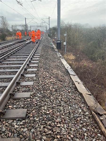 Engineers assessing landslip damage at Hillmorton Junction which happened on January 27
