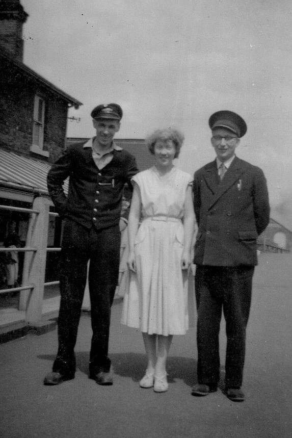 Station team at Bolton On Dearne c.1960: Fred Abson (right) with Eric Barrass, signalman and Marjorie Mitson, booking office clerk<br /><br />Reproduced by permission of Meryl White, daughter of Fred Abson