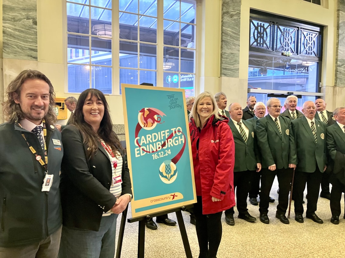 Cardiff Edinburgh: Nick Millington from Network Rail, Bethan Jelfs from CrossCountry, and Marie Daly from Transport for Wales launch the new Cardiff-Edinburgh service at Cardiff Central with the help of the Caerphilly Male Voice Choir.