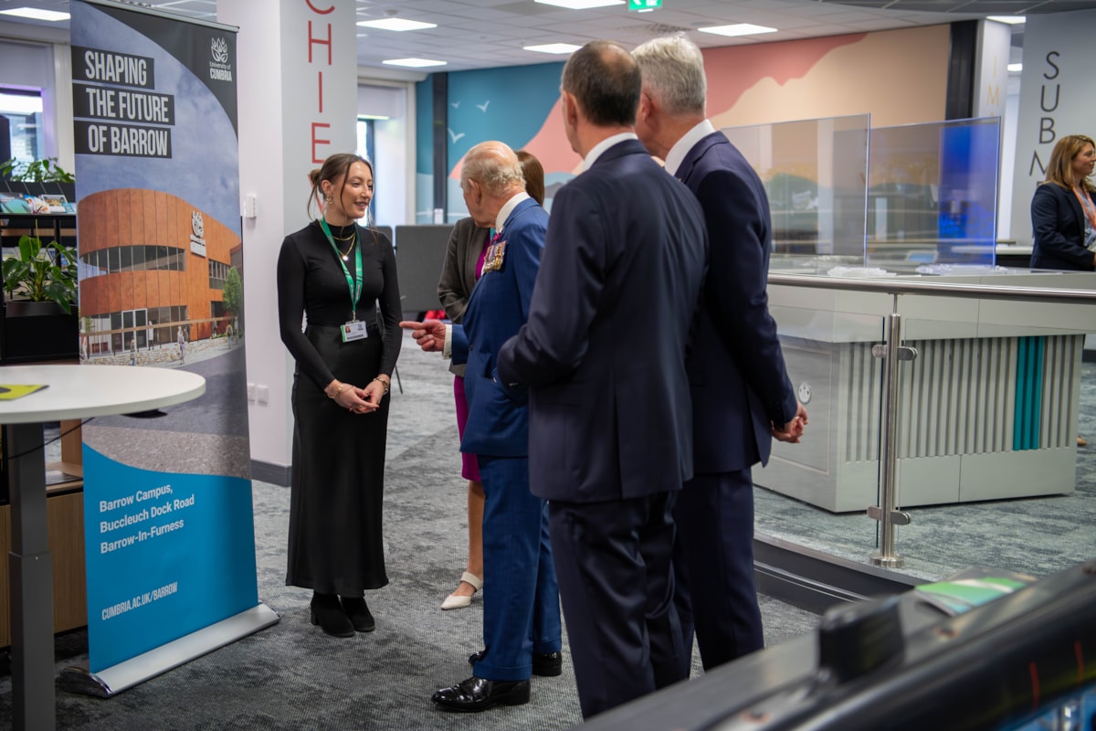 King Charles III visits The Bridge in Portland Walk, Barrow, on 22 September 2025 as part of the title Royal Port of Barrow being bestowed up on the area.
His Majesty is pictured speaking with University of Cumbria Mechanical Engineering student Scarlett Southcott, who is stood alongside Vice Chance