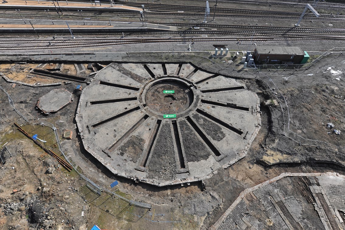 Ariel view - turntables: ariel photos of the historic turntables unearthed in York Engineers triangle  Spring 2012