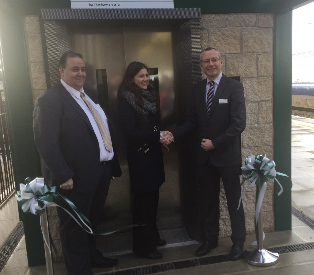 Opening of Chippenham station's new footbridge and lifts: L-R: Martin Hardy, Great Western Railway's regional retail manager; Michelle Donelan MP; Mark Langman, Network Rail's managing director for the Western route.