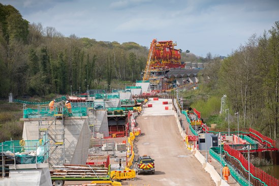 Colne Valley Viaduct launch girder approaching the lakes April 2023