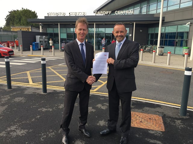 Network Rail Wales and Natural Resources Wales make tracks for partnership working: Emyr Roberts, Natural Resources Wales chief executive and Andy Thomas, Network Rail Wales route managing director.