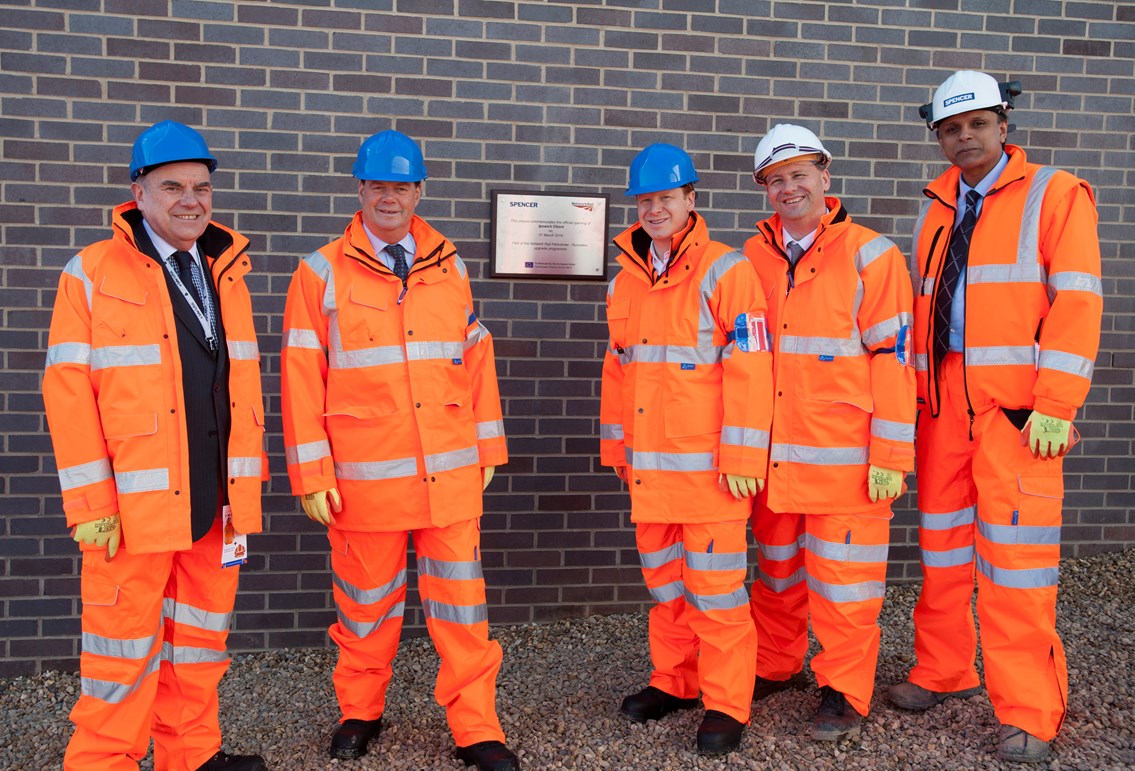 Rail minister visits new £59m Ipswich rail link: Transport minister Stephen Hammond was in Ipswich on Friday 21 March to see the newly completed 1.2km stretch of railway built by Network Rail to increase capacity for freight trains and ease a major bottleneck affecting passenger services on the Great Eastern Main Line.
Photo (L-R) - Councillor Graham Newman, Stephen Hammond MP, Ben Gummer MP, Rob Fairhead (Network Rail) and Raj Sinha (Spencer Rail Ltd MD)